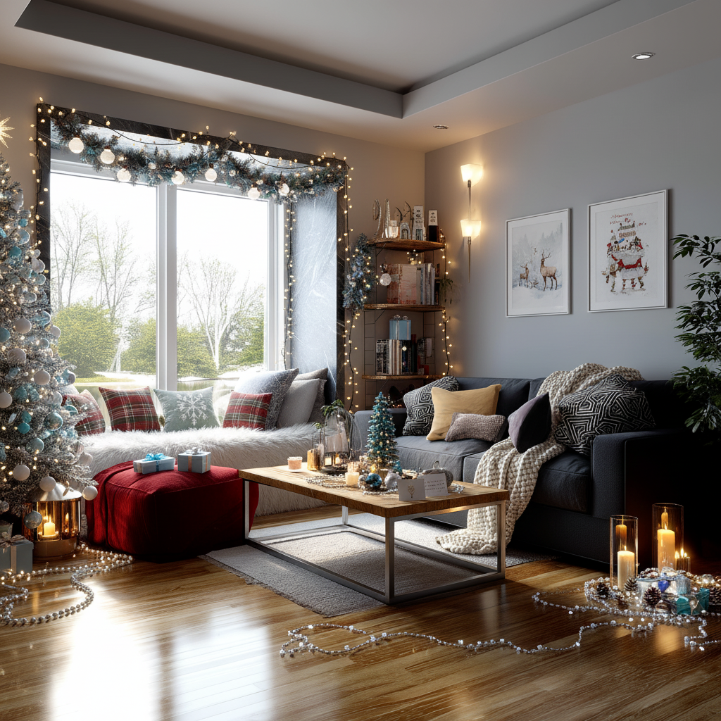 Living room with festive Christmas decorations after AI transformation