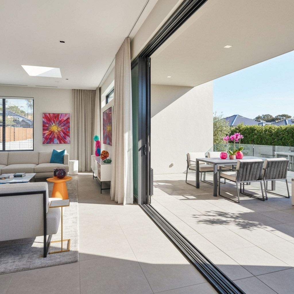 AI-staged modern living room and outdoor patio for real-estate listing