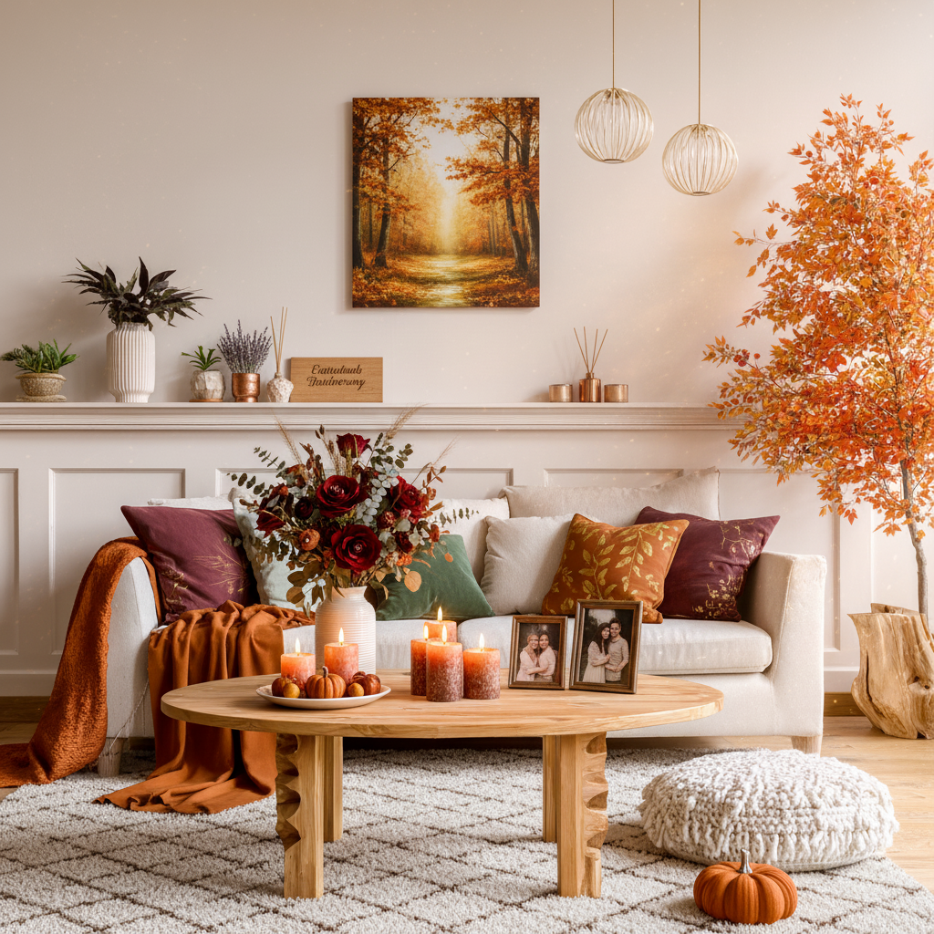 Living room with cozy autumn fall decor after AI transformation