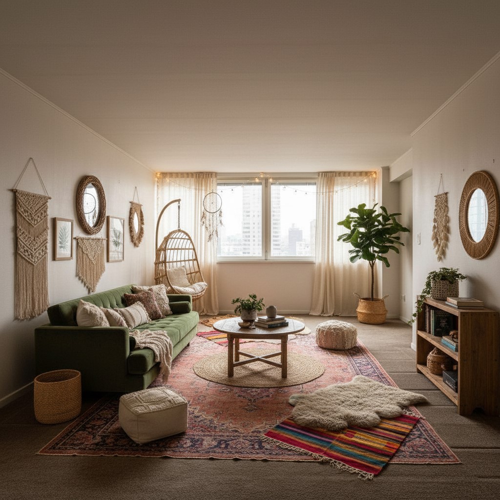 Boho style living room after AI transformation